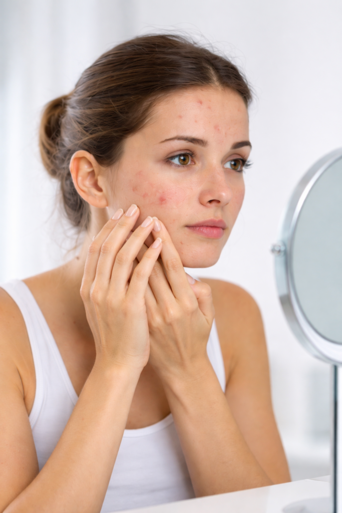 a woman touching her face